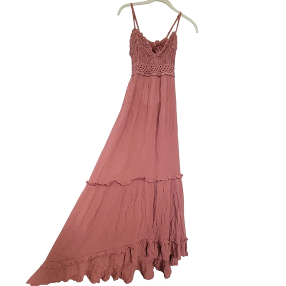 Hint of Blush Sz S Mauve Boho Maxi Dress Tiered Crochet Lace Open Back Festival - Picture 2 of 13